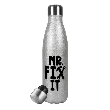 Mr fix it, Μεταλλικό παγούρι θερμός Glitter Aσημένιο (Stainless steel), διπλού τοιχώματος, 500ml