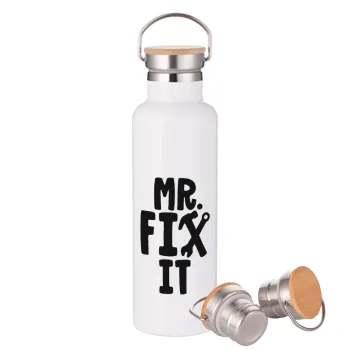 Mr fix it, Μεταλλικό παγούρι θερμός (Stainless steel) Λευκό με ξύλινο καπάκι (bamboo), διπλού τοιχώματος, 750ml