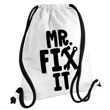 Mr fix it, Backpack pouch GYMBAG white, with pocket (40x48cm) & thick cords