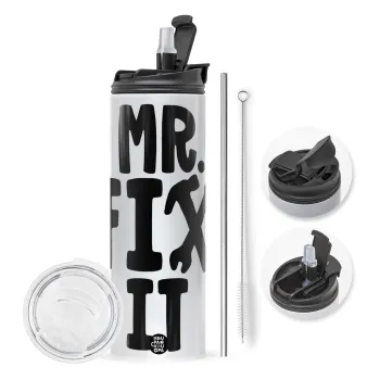 Mr fix it, Travel Tumbler θερμό με διπλό καπάκι, μεταλλικό καλαμάκι και βούρτσα καθαρισμού (Ανωξείδωτο 304 Food grade, BPA free, 600ml)