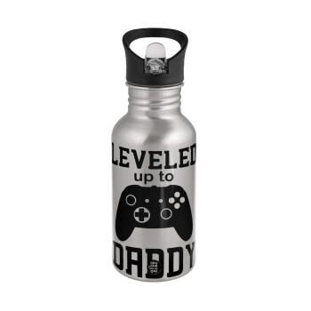Leveled to Daddy, Water bottle Silver with straw, stainless steel 500ml