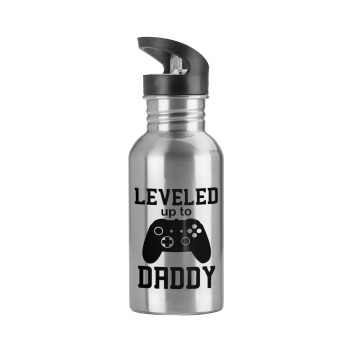 Leveled to Daddy, Water bottle Silver with straw, stainless steel 600ml