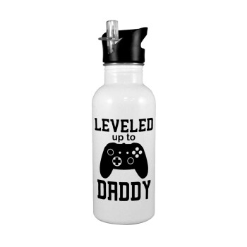 Leveled to Daddy, White water bottle with straw, stainless steel 600ml