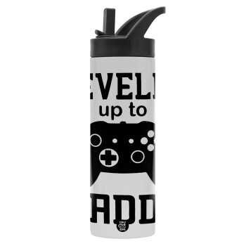 Leveled to Daddy, Μεταλλικό παγούρι θερμός με καλαμάκι & χειρολαβή, ανοξείδωτο ατσάλι (Stainless steel 304), διπλού τοιχώματος, 600ml