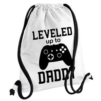 Leveled to Daddy, Τσάντα πλάτης πουγκί GYMBAG λευκή, με τσέπη (40x48cm) & χονδρά κορδόνια