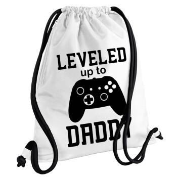 Leveled to Daddy, Backpack pouch GYMBAG white, with pocket (40x48cm) & thick cords