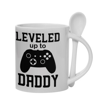 Leveled to Daddy, Ceramic coffee mug with Spoon, 330ml (1pcs)