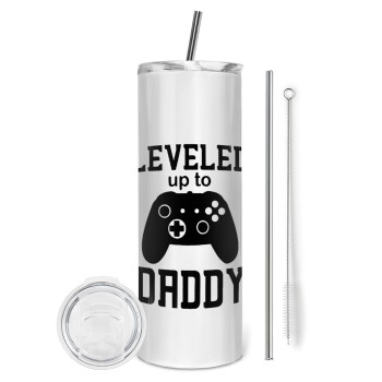 Leveled to Daddy, Eco friendly ποτήρι θερμό (tumbler) από ανοξείδωτο ατσάλι 600ml, με μεταλλικό καλαμάκι & βούρτσα καθαρισμού