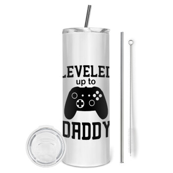 Leveled to Daddy, Tumbler ποτήρι θερμό από ανοξείδωτο ατσάλι 600ml, με μεταλλικό καλαμάκι & βούρτσα καθαρισμού