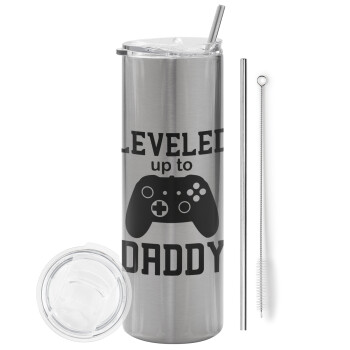 Leveled to Daddy, Eco friendly stainless steel Silver tumbler 600ml, with metal straw & cleaning brush