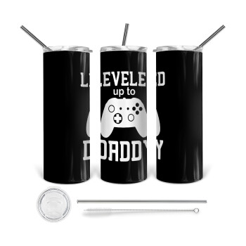 Leveled to Daddy, 360 Eco friendly ποτήρι θερμό (tumbler) από ανοξείδωτο ατσάλι 600ml, με μεταλλικό καλαμάκι & βούρτσα καθαρισμού