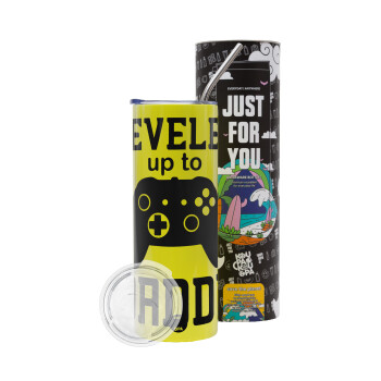 Leveled to Daddy, Neon Yellow Travel Tumbler, with metal straw (Stainless steel 304 Food grade, BPA free, 600ml)