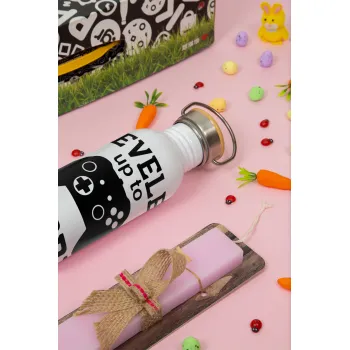 Leveled to Daddy, Πασχαλινή Λαμπάδα με παγούρι μεταλλικό (620ml, stainless steel) & κερί αρωματικό πλακέ (30cm) (ΡΟΖ)