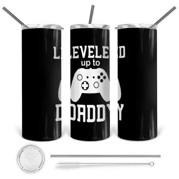 Leveled to Daddy, Tumbler ποτήρι θερμό από ανοξείδωτο ατσάλι 600ml, με μεταλλικό καλαμάκι & βούρτσα καθαρισμού