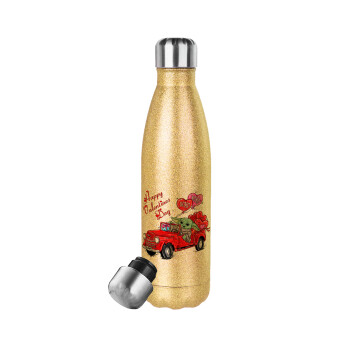 Yoda, happy valentines day (xoxo), Μεταλλικό παγούρι θερμός Glitter χρυσό (Stainless steel), διπλού τοιχώματος, 500ml
