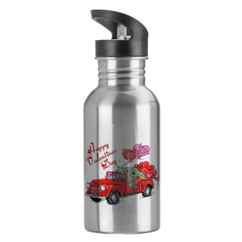 Yoda, happy valentines day (xoxo), Water bottle Silver with straw, stainless steel 600ml