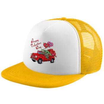 Yoda, happy valentines day (xoxo), Καπέλο Ενηλίκων Soft Trucker με Δίχτυ Κίτρινο/White (POLYESTER, ΕΝΗΛΙΚΩΝ, UNISEX, ONE SIZE)