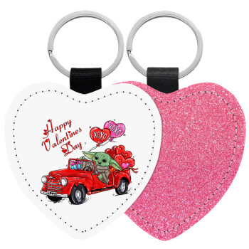Yoda, happy valentines day (xoxo), Μπρελόκ PU δερμάτινο glitter καρδιά ΡΟΖ
