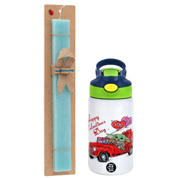 Yoda, happy valentines day (xoxo), Easter Set, Children's thermal stainless steel bottle with safety straw, green/blue (350ml) & aromatic flat Easter candle (30cm) (TURQUOISE)