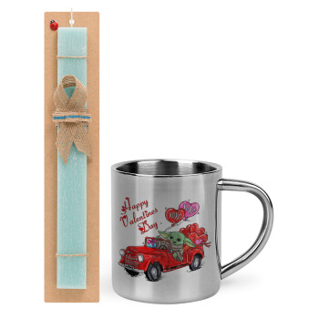Yoda, happy valentines day (xoxo), Easter Set, metallic thermal cup (300ml) & aromatic flat Easter candle (30cm) (TURQUOISE)