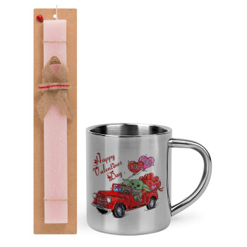 Yoda, happy valentines day (xoxo), Easter Set, metallic thermal cup (300ml) & aromatic flat Easter candle (30cm) (PINK)
