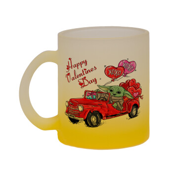 Yoda, happy valentines day (xoxo), Κούπα γυάλινη δίχρωμη με βάση το κίτρινο ματ, 330ml