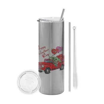 Yoda, happy valentines day (xoxo), Eco friendly stainless steel Silver tumbler 600ml, with metal straw & cleaning brush