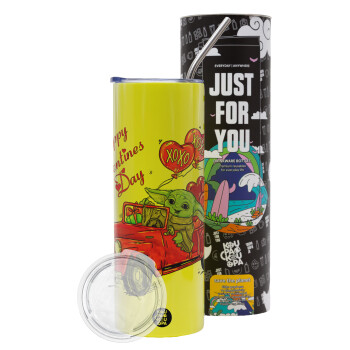 Yoda, happy valentines day (xoxo), Neon Yellow Travel Tumbler, with metal straw (Stainless steel 304 Food grade, BPA free, 600ml)