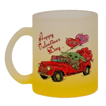 Yoda, happy valentines day (xoxo), Κούπα γυάλινη δίχρωμη με βάση το κίτρινο ματ, 330ml
