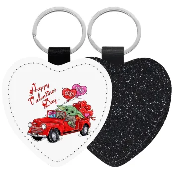 Yoda, happy valentines day (xoxo), Μπρελόκ PU δερμάτινο glitter καρδιά ΜΑΥΡΟ