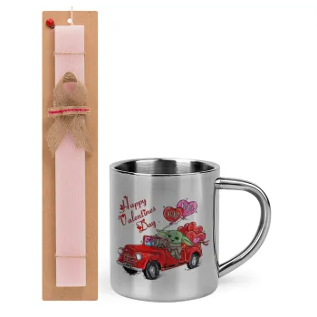 Yoda, happy valentines day (xoxo), Easter Set, metallic thermal cup (300ml) & aromatic flat Easter candle (30cm) (PINK)