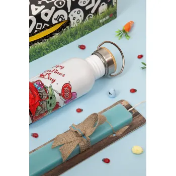 Yoda, happy valentines day (xoxo), Πασχαλινή Λαμπάδα με παγούρι μεταλλικό Ασημένιο αλουμινίου (500ml) & κερί αρωματικό πλακέ (30cm) (ΤΙΡΚΟΥΑΖ)