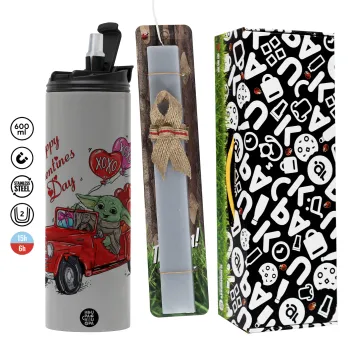 Yoda, happy valentines day (xoxo), Πασχαλινή Λαμπάδα με Travel Tumbler θερμό (600ml, BPA free) & κερί αρωματικό πλακέ (30cm) (ΓΚΡΙ)