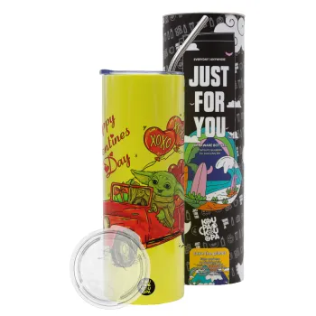 Yoda, happy valentines day (xoxo), Neon Yellow Travel Tumbler θερμό, μεταλλικό καλαμάκι(Ανωξείδωτο 304 Food grade, BPA free, 600ml)