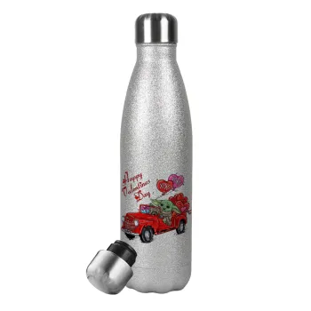 Yoda, happy valentines day (xoxo), Metallic Glitter Silver Thermos Flask (Stainless steel), double-walled, 500ml