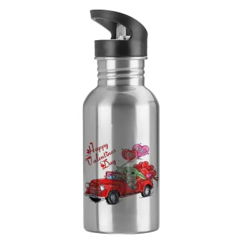 Yoda, happy valentines day (xoxo), Water bottle Silver with straw, stainless steel 600ml