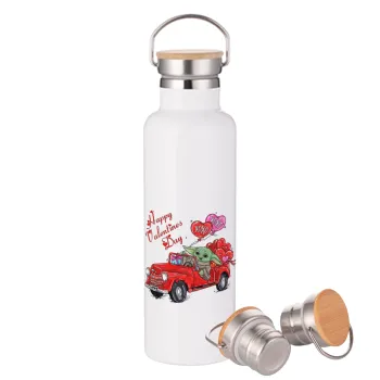 Yoda, happy valentines day (xoxo), Stainless steel White with wooden lid (bamboo), double wall, 750ml