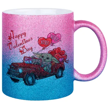 Yoda, happy valentines day (xoxo), Κούπα Χρυσή/Μπλε Glitter, κεραμική, 330ml