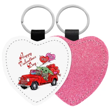 Yoda, happy valentines day (xoxo), Μπρελόκ PU δερμάτινο glitter καρδιά ΡΟΖ