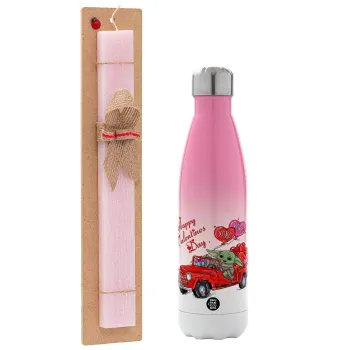 Yoda, happy valentines day (xoxo), Πασχαλινή Λαμπάδα με Μεταλλικό παγούρι θερμός Ροζ/Λευκό (Stainless steel), διπλού τοιχώματος, 500ml & κερί αρωματικό πλακέ (30cm) (ΡΟΖ)