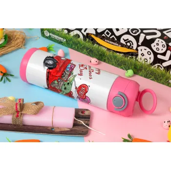 Yoda, happy valentines day (xoxo), Easter candle, Childrens hot water bottle, stainless steel, with safety straw, PINK (500ml)