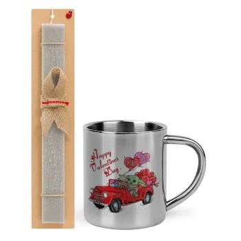 Yoda, happy valentines day (xoxo), Easter Set, metallic thermal cup (300ml) & Easter aromatic flat candle (30cm) (GRAY)