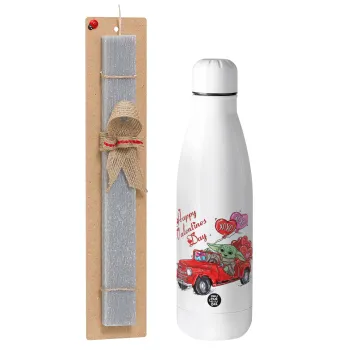 Yoda, happy valentines day (xoxo), Easter Set, metallic stainless thermos bottle (500ml) & scented flat Easter candle (30cm) (GRAY)