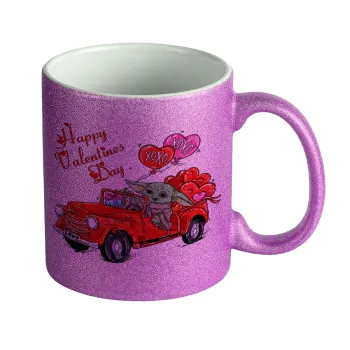 Yoda, happy valentines day (xoxo), Κούπα Μωβ Glitter που γυαλίζει, κεραμική, 330ml