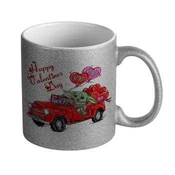 Yoda, happy valentines day (xoxo), Κούπα Ασημένια Glitter που γυαλίζει, κεραμική, 330ml