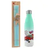 Easter Set, Metallic green/white thermos (Stainless steel), double-walled, 500ml & scented flat Easter candle (30cm) (TURQUOISE)