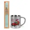 Easter Set, metallic thermal cup (300ml) & aromatic flat Easter candle (30cm) (TURQUOISE)