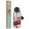 Easter Set, metallic silver aluminum water bottle (500ml) & scented flat Easter candle (30cm) (TURQUOISE)