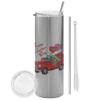 Yoda, happy valentines day (xoxo), Tumbler stainless steel Silver 600ml, with metal straw & cleaning brush