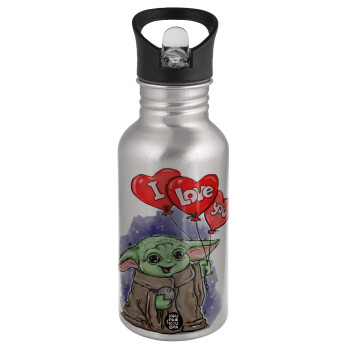 Yoda, i love you, Water bottle Silver with straw, stainless steel 500ml